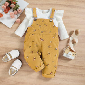 Korean Style Girls' Long-sleeved Bottoming Shirt Printed Corduroy Suspender Trousers Suit